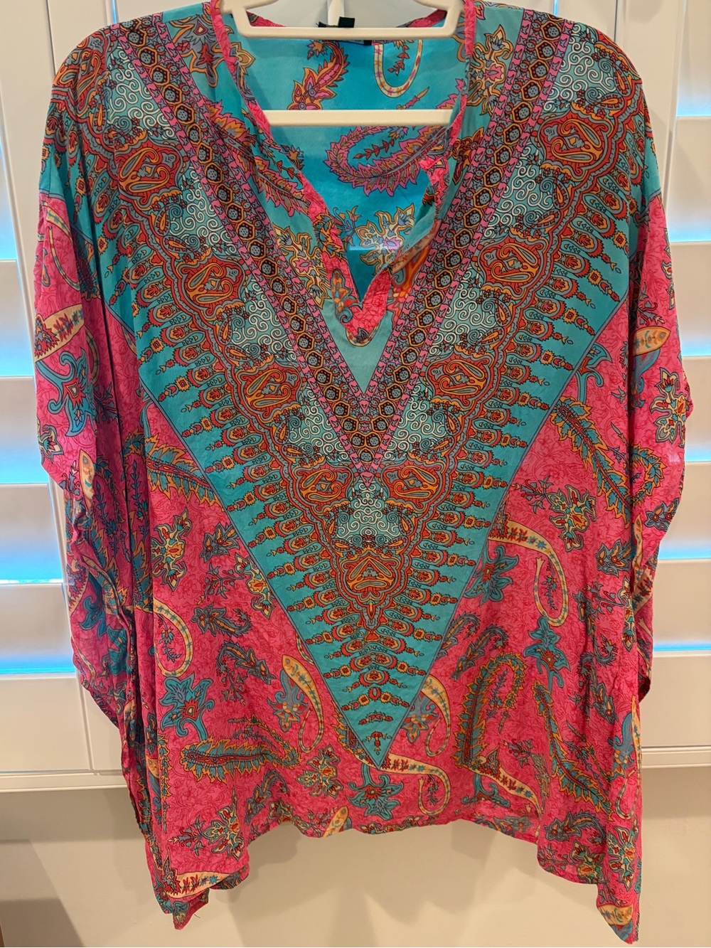 Tolani 100% Silk Paisley Kaftan Tunic Top | Pink Teal Boho Resortwear | Size S